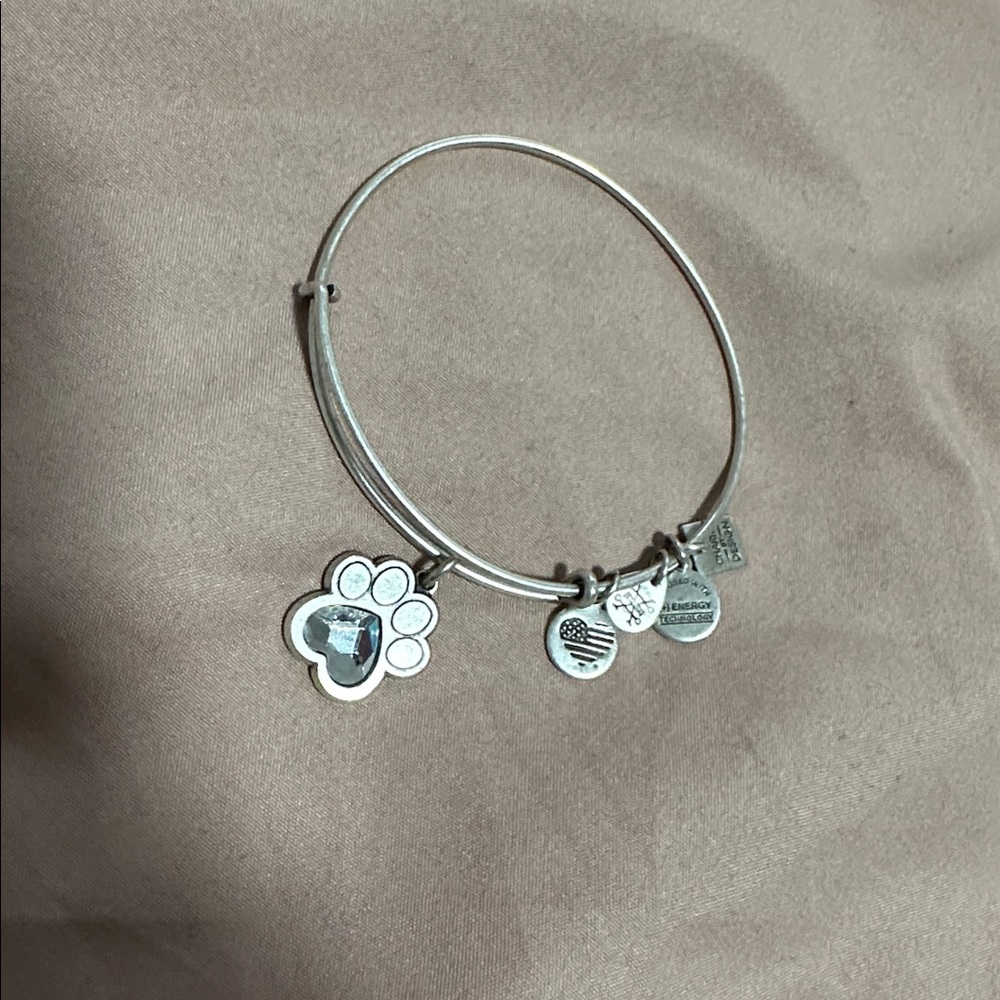 Alex and Ani Paw Prints of Love Bracelet -Silver Tone, Crystal Charm